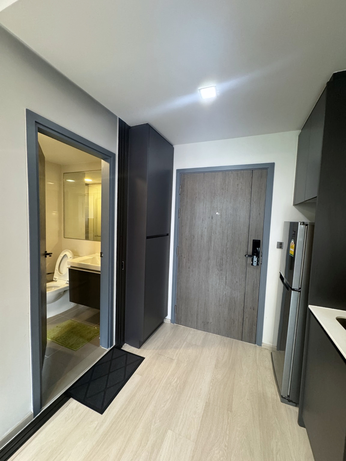 Entrance, fitted storage and kitchen area